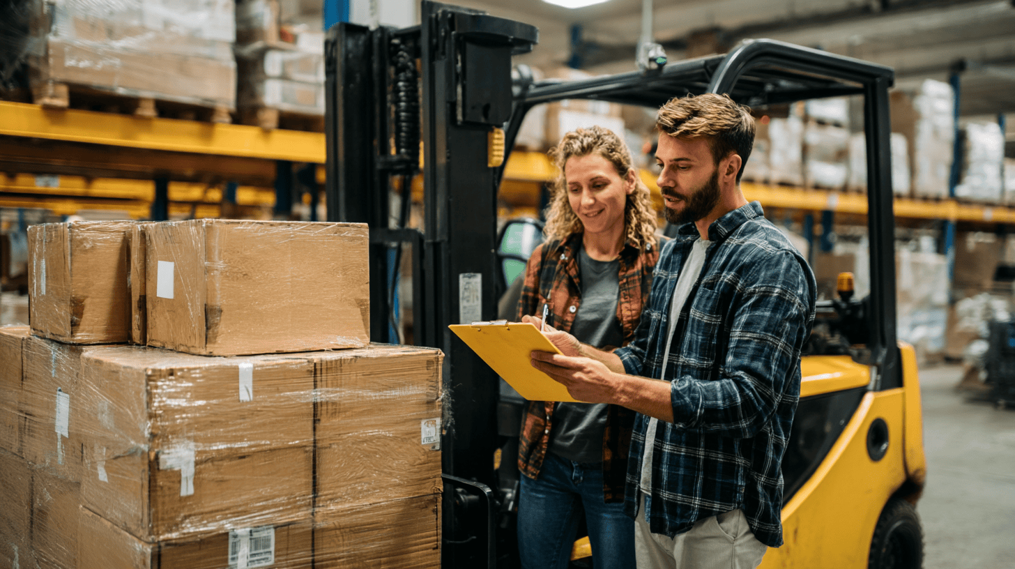employee and manager in a warehouse