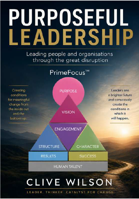 Cover of Clive WIlson's book Purposeful Leadership, showing a winding road leading toward a sunrise over layered mountains, with the PrimeFocus diagram at the centre.